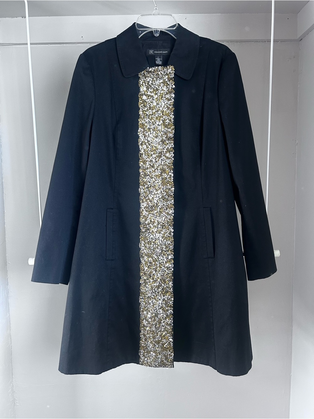 INC International Concepts Black Trench Coat with Gold Sequin Center Panel